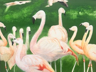 油彩画　フラミンゴ Flamingo》 M30 楮紙、岩絵具、箔 2023 #art #artwork #artworks